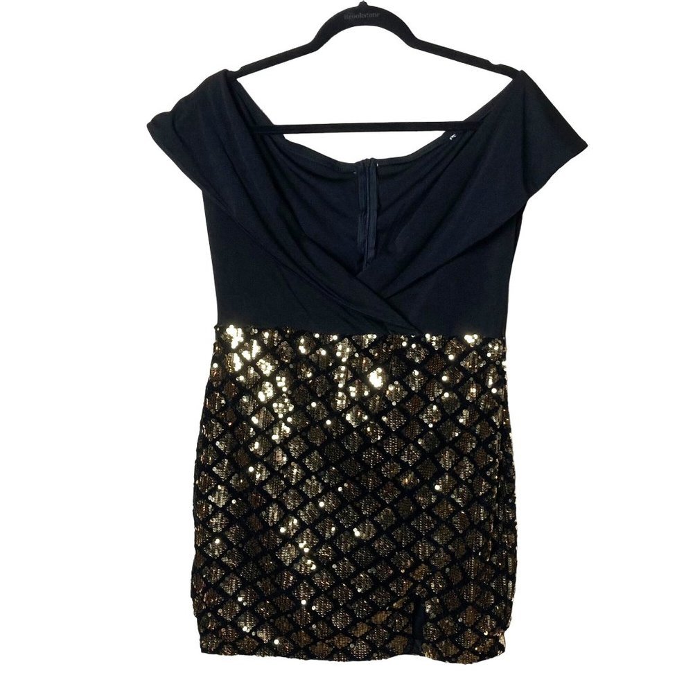 Party Holiday Gold Sequin Skirt Black Top Off Shoulder Mini Dress Measures Large